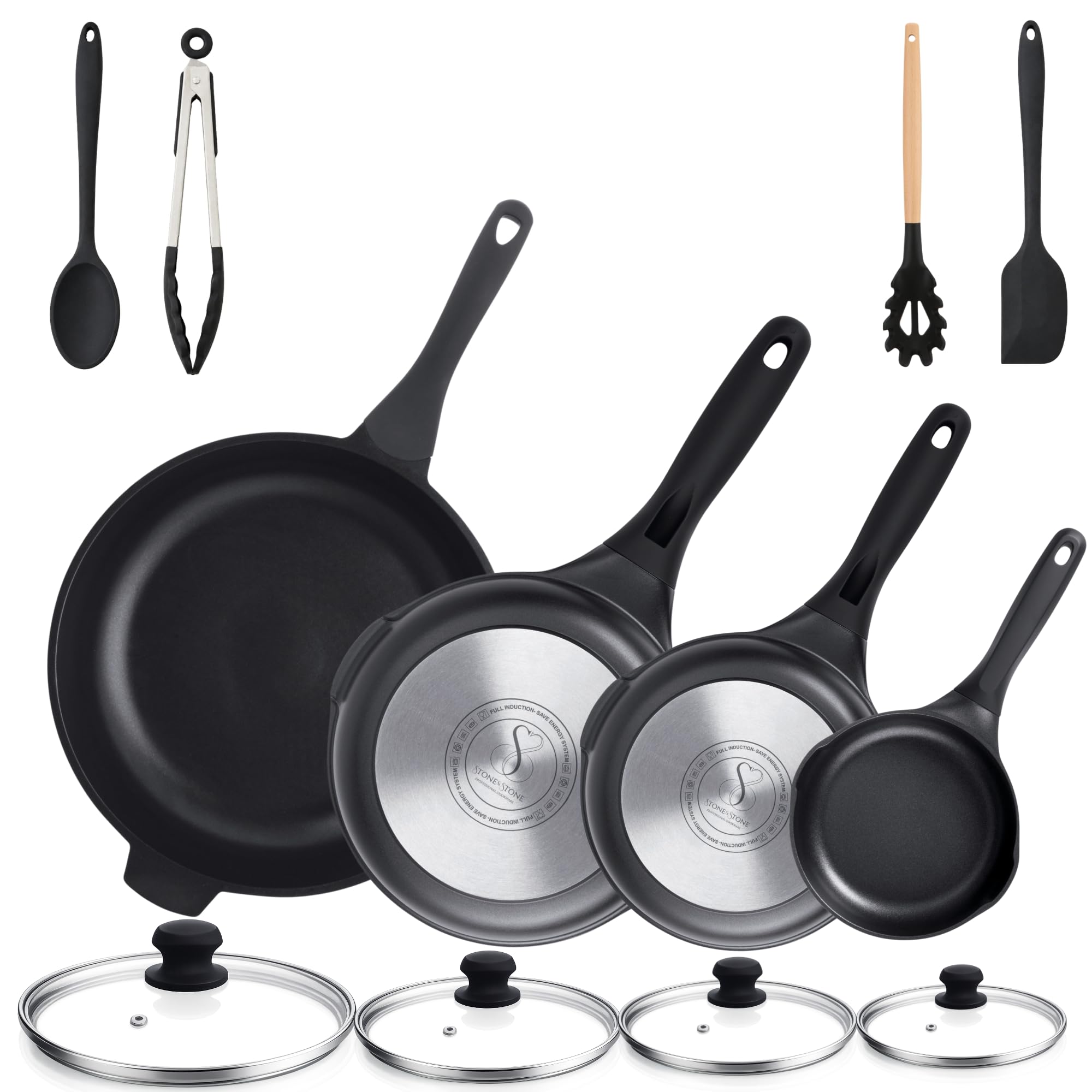 Stone&Stone Juego de Sartenes Inducción 20/24/28/32 cm, Set 4 Sartenes Antiadherentes con Revestimiento Cerámico Alemán, Para Inducción y Gas, Sin PFAS, PFOA ni PTFE, con Tapas y Utensilios
