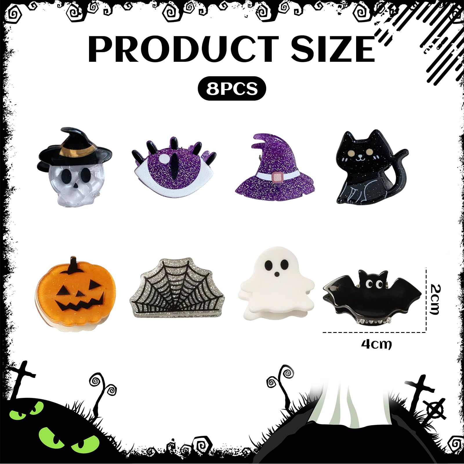 BelleFlair 8 Pcs Halloween Claw Clips Hair Accessories for Girls Women Cute Mini Pumpkin Ghost Bat Spider Web Designs - Image 2