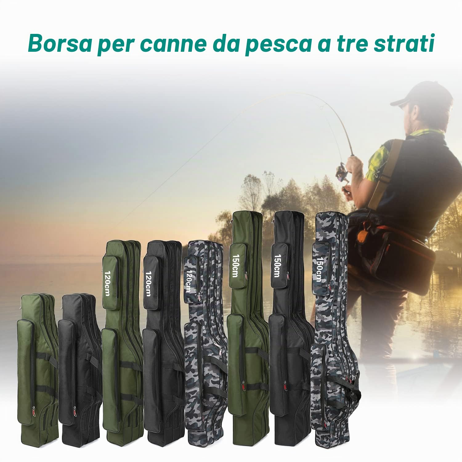Borsa per Canna da Pesca a 3 Strati Borsa per Asta Pieghevole Portatile Custodia per Custodia per Mulinello da Pesca
