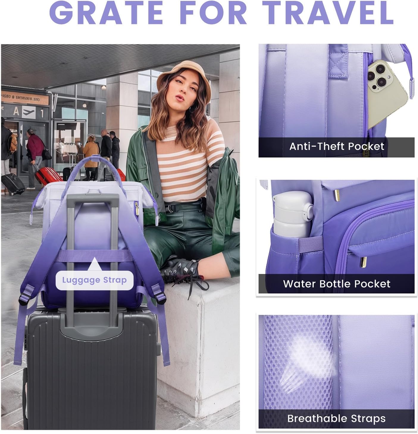 LOVEVOOK Gradient Laptop Backpack for Women,15.6 Inch Work Computer Bakcpack Purse Laptop Bag With Anti-Theft Pocket,Waterproof Carry on Teacher College Backpack for Travel,Purple-White - Image 6