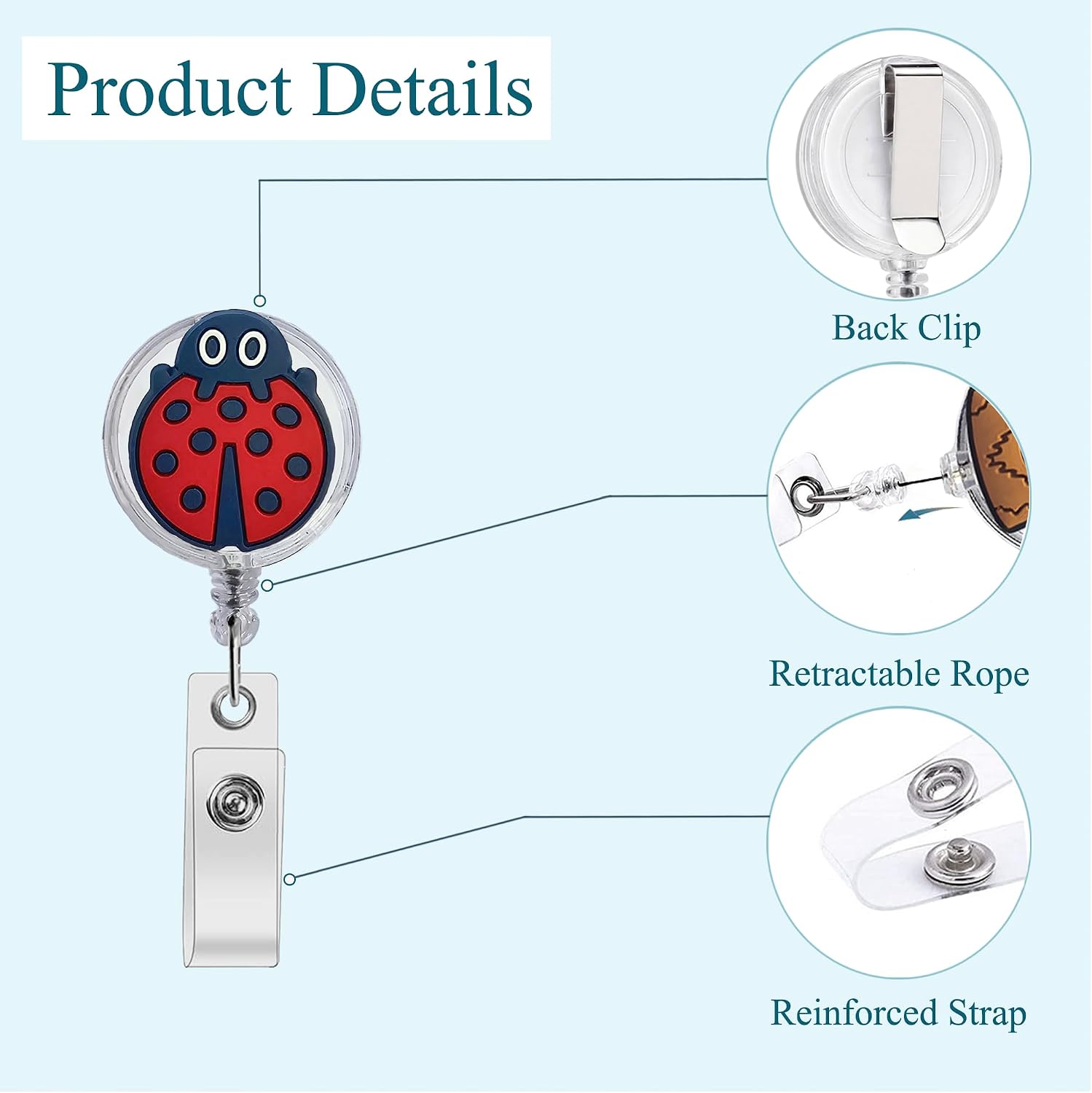 Ladybug Badge Reel - Cute Retractable ID Holder for Nurses, Medical Staff, Teachers & Students - 2 Pcs image 2