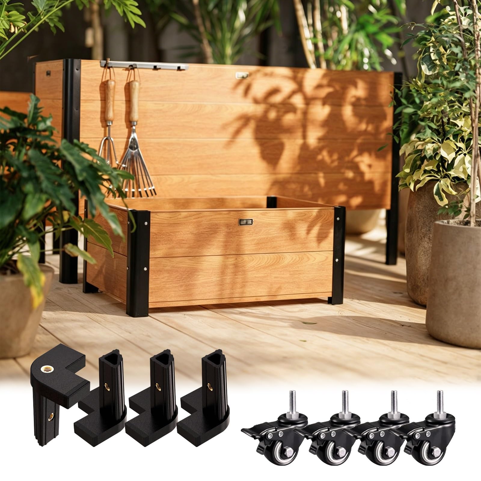 Mesa de cultivo premium de aluminio texturizado imitación madera con ruedas direccionales