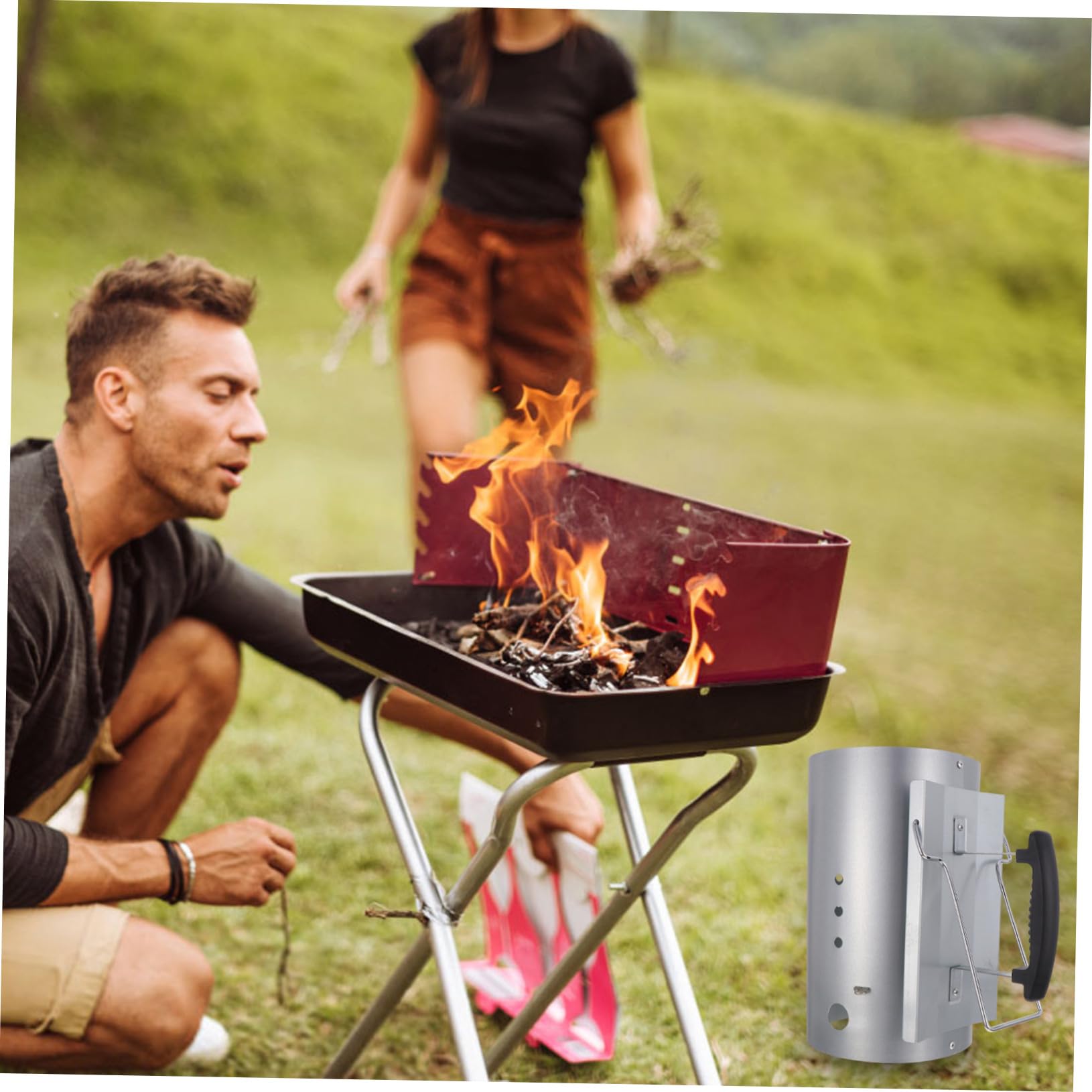 Avviatore Carbone Galvanizzato Argento Fori di Ventilazione Ampi, Senza Odore Chimico, per Barbecue e Uso Esterno Durante Le Grigliate