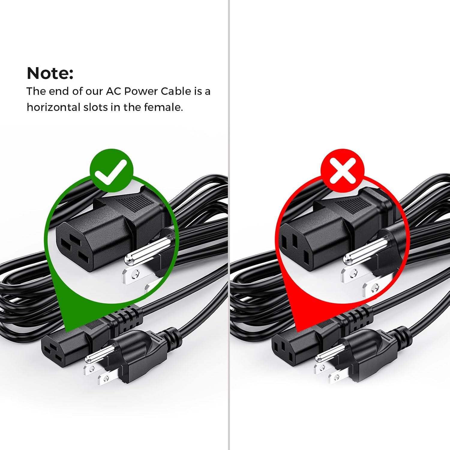 Comparison image showing correct horizontal slot AC power cable connection versus incorrect vertical slot connection.