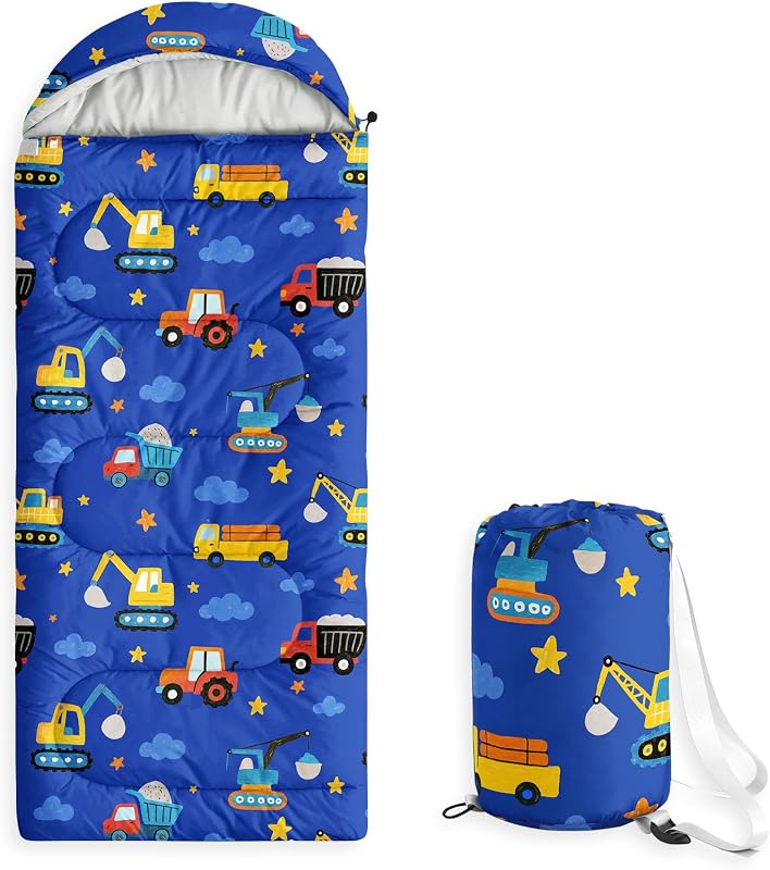 Saco de dormir de construcción para niños pequeños, camping en climas cálidos y fríos, mochila ligera, forro compacto al aire libre para 3 estaciones Verano Primavera Otoño