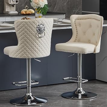 Velvet Bar Stools Set of 2, Modern Adjustable Kitchen Island Chairs with Lion Pull Ring, Upholstered Swivel Bar Chairs for Counter/Dining Room/Home Bar, Cream