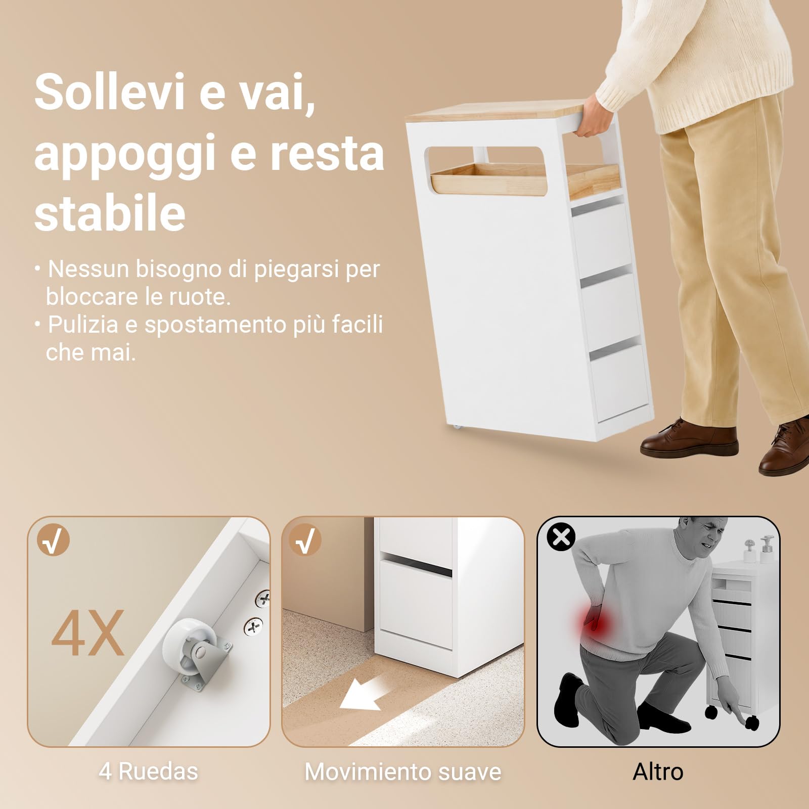 SoBuy Carrello Cucina Mobiletto Salvaspazio con Ruote 65x23x82cm | con Piano Di Lavoro, Cassetto E Ripiani Aperti, Carrello Portaoggetti Per Cucina, Bianco, BZR54-II-Wc