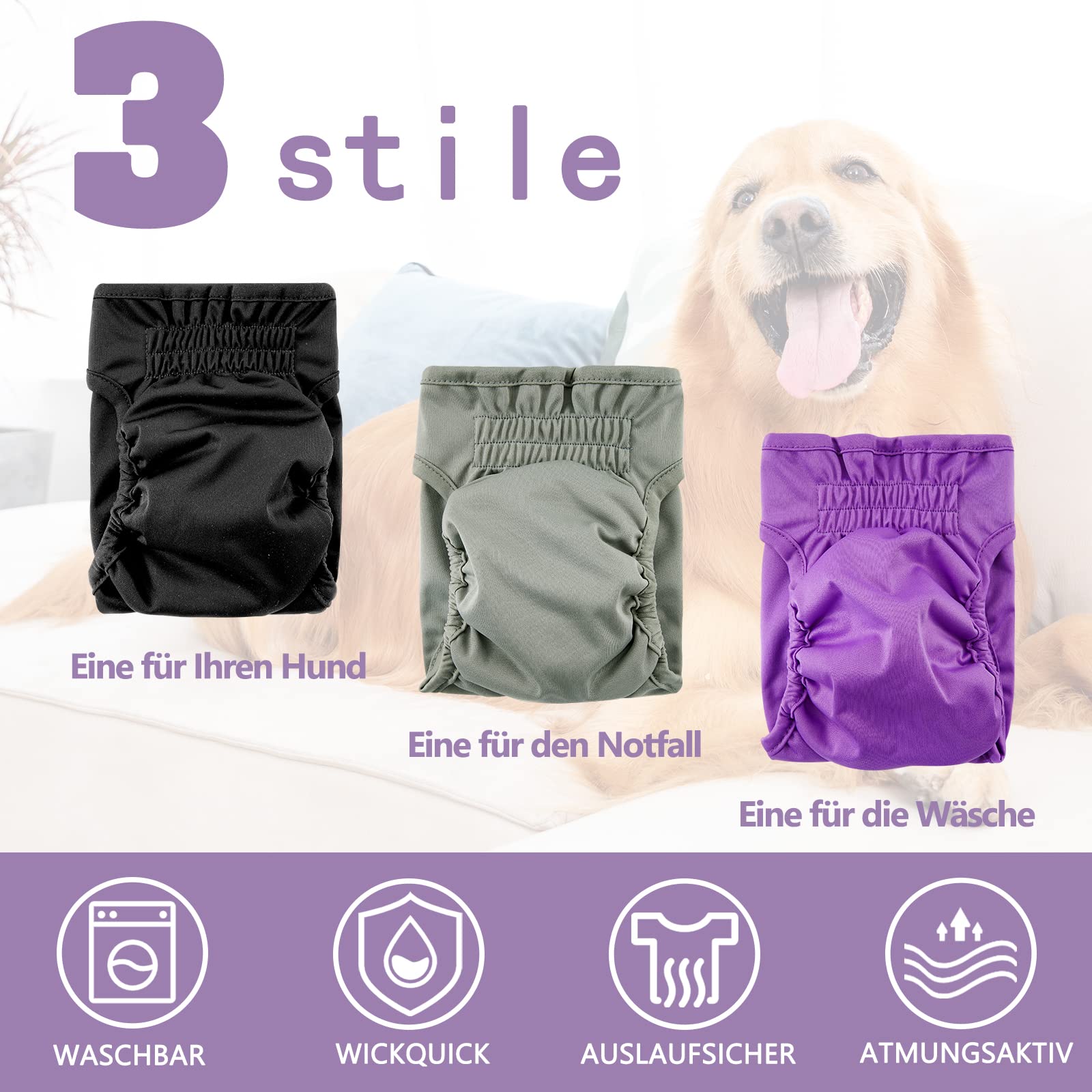 Läufigkeitshose für Hündinnen 3 Stück L, Hochsaugfähige und Damenbinden Hundewindeln für Hündinnen, Größenverstellbar - Lila