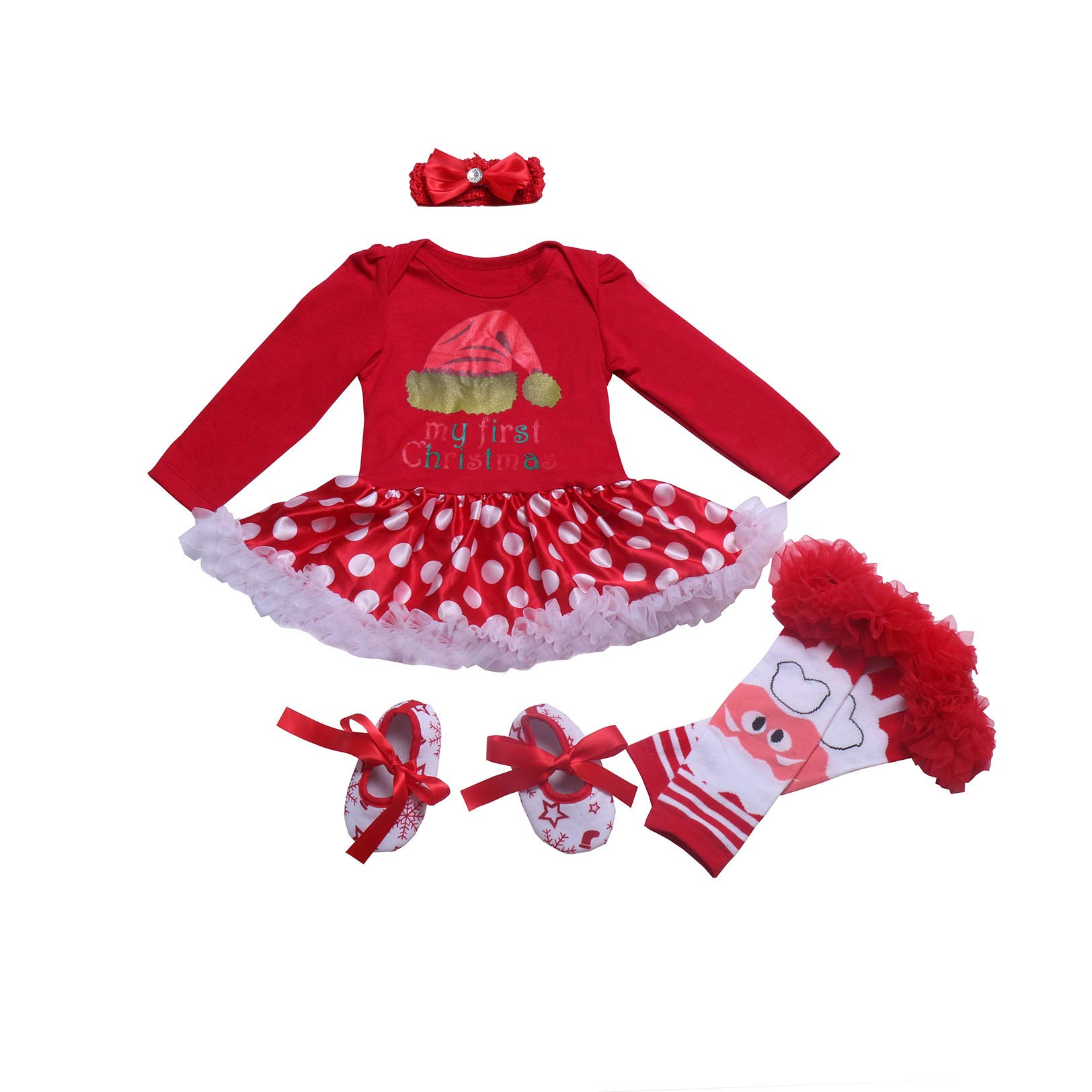 BabyPreg Baby Girls My First Christmas Santa Costume Party Dress 4PCS (9-12 Months, Red Hat)