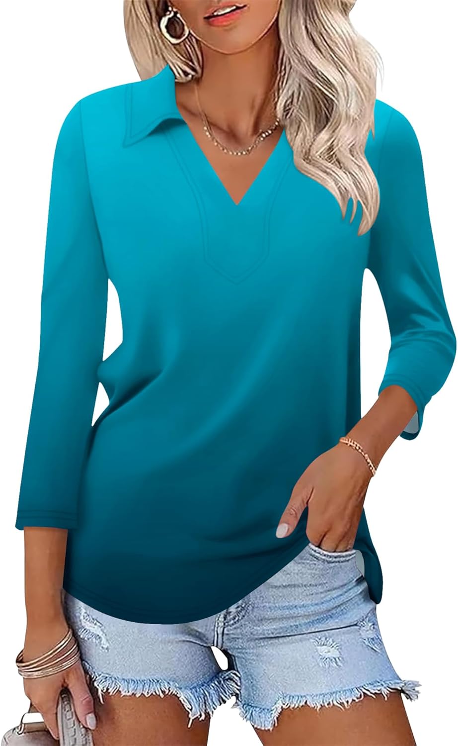 LOMON 3/4 Length Sleeve Womens Tops 2026 Spring Summer Collared Polo Shirts V Neck Casual Basic Polos Tees Shirt