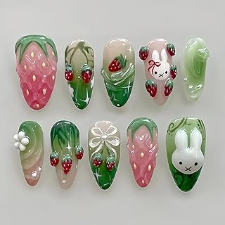 Press on Nails Almond Medium Fake Nails French Tip False Nails Press ons with 3D Strawberry Design Glue on Nails Cute Rabbit Artificial Acrylic Nail Glossy Full Cover Stick on Nail for Women 24Pcs