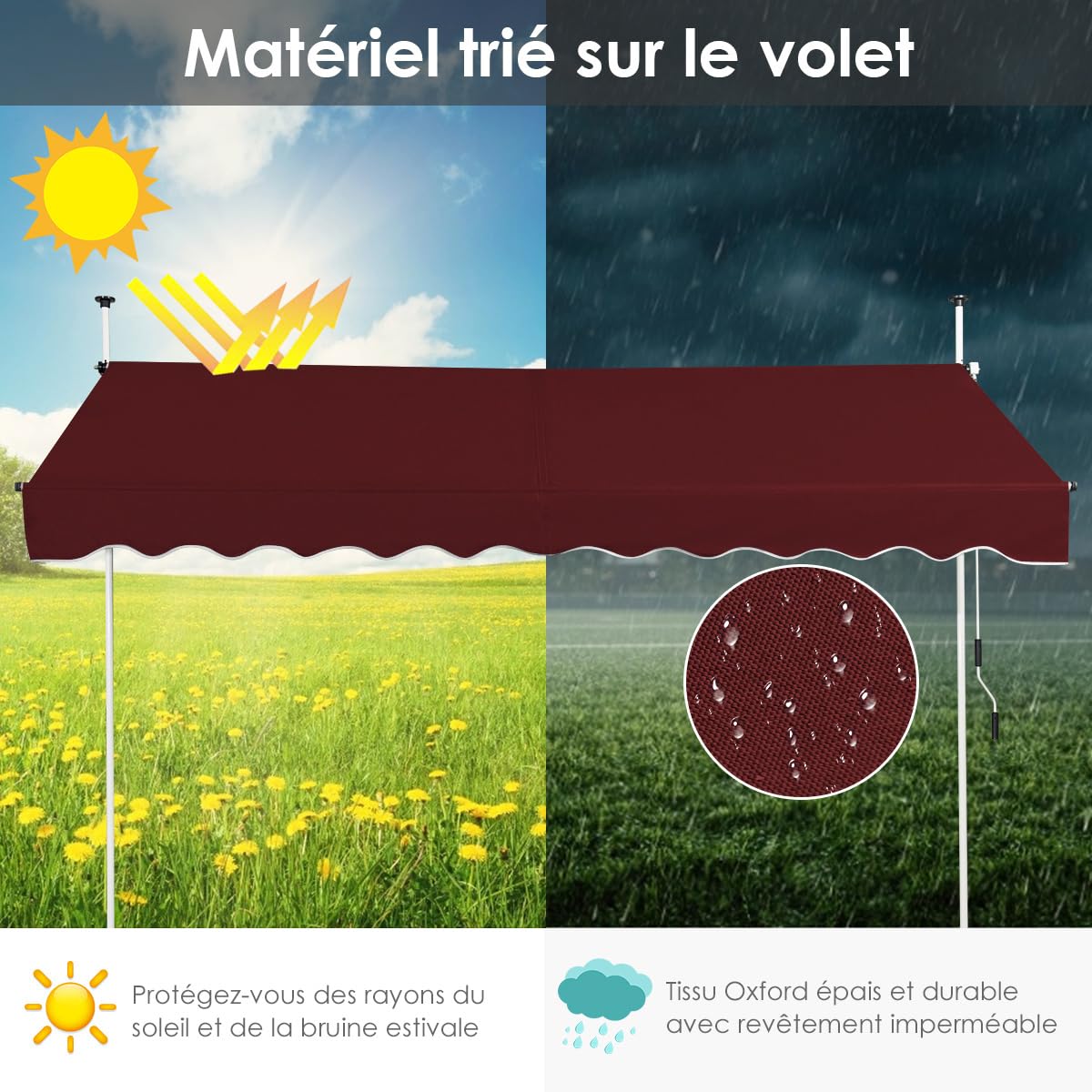 RELAX4LIFE Store Banne Manuel sans Perçage, Auvent Balcon Rétractable avec Manivelle, Tissu Oxford Anti-UV Imperméable, Hauteur Réglable 2-3 M, Store Banne pour Porte Fenêtre (Bordeaux,300 X 125 cm)