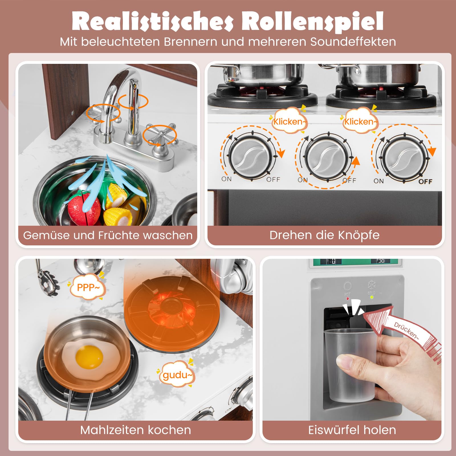 DREAMADE Kinderküche mit Licht und Sound, Kinder Spielzeugküche mit Spüle Herd Mikrowelle Kühlschrank Backofen, Kinderspielküche, Spielküche aus Holz mit Zubehör für Kinder ab 3 Jahren (Weiß + Braun)