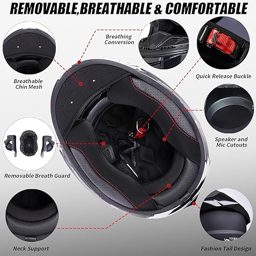 Miniatura 7 de VCOROS Casco integral de doble visera para motocicleta para adultos, Casco de moto de calle y carrera X9 aprobado por DOT con visera negra