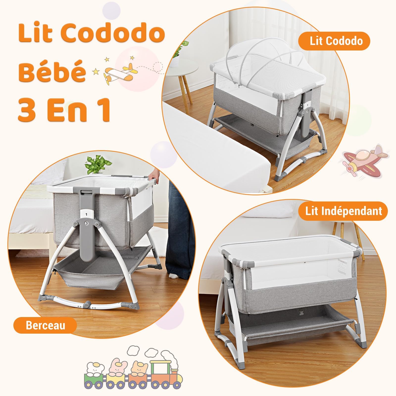 GarveeHome 3 in 1 Baby Beistellbett, Klappbares Beistellbett, Babywiege Mit Matratze Und Moskitonetz, Höhenverstellbar, Mit Reisetasche, Für Babys Von 0 Bis 36 Monaten, Hellgrau