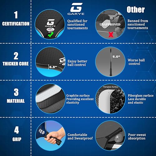 Miniatura 7 de GARYE Pickleball Paddles Set of 4, Carbon Fiber Pickle Ball Paddle, USAPA Approved Lightweight Rackets 4 Pack for Adults and Teenagers, Includes 6