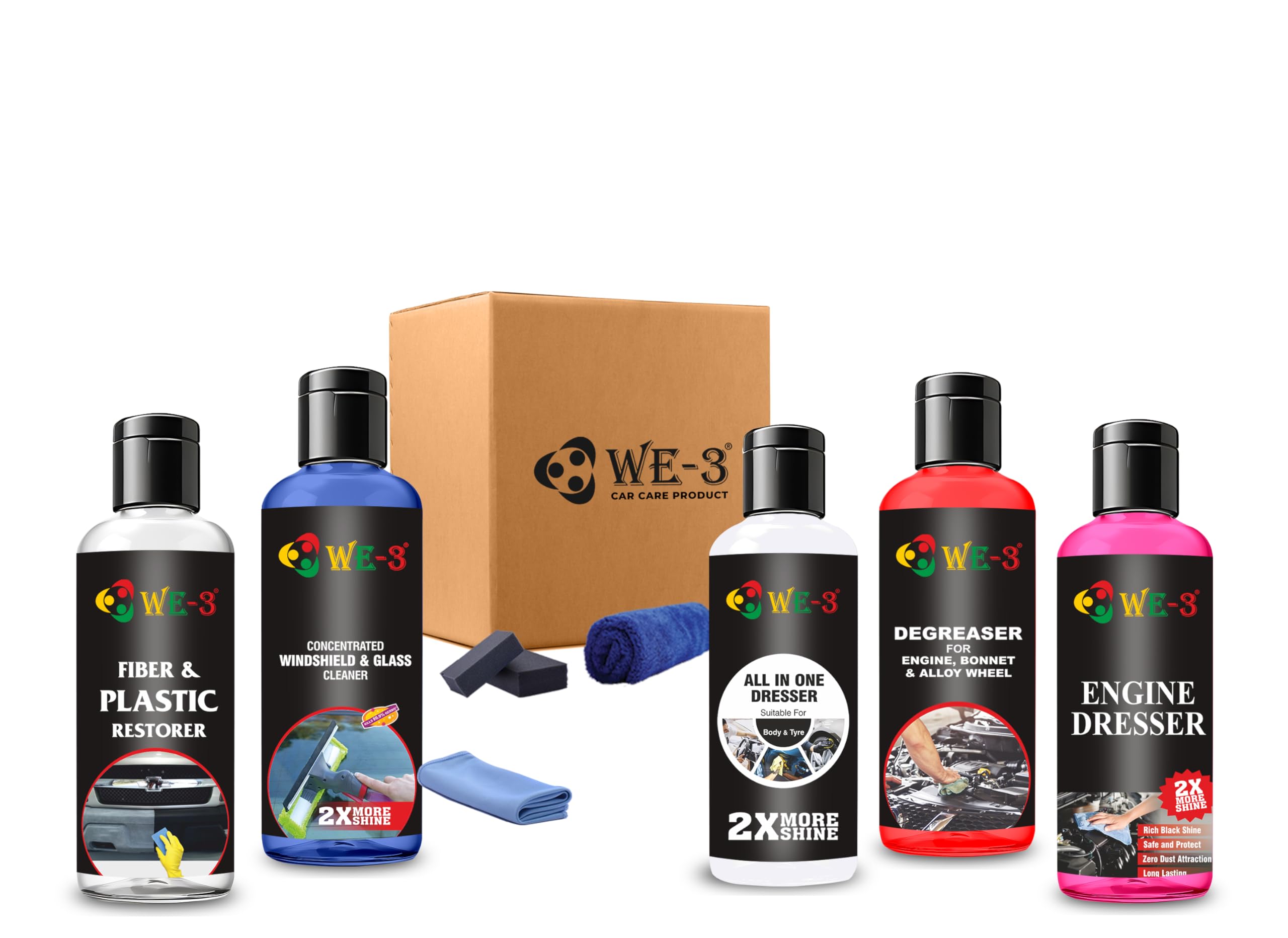 WE-3 Car Care Combo Kit - Pack of 9 (100ml) | Fiber and Plastic Restorer, All-in-One Dresser, Engine Degreaser, Engine Dresser, Glass Cleaner, 2 Sponges | Glass Microfiber & 500 GSM Microfiber-image-8