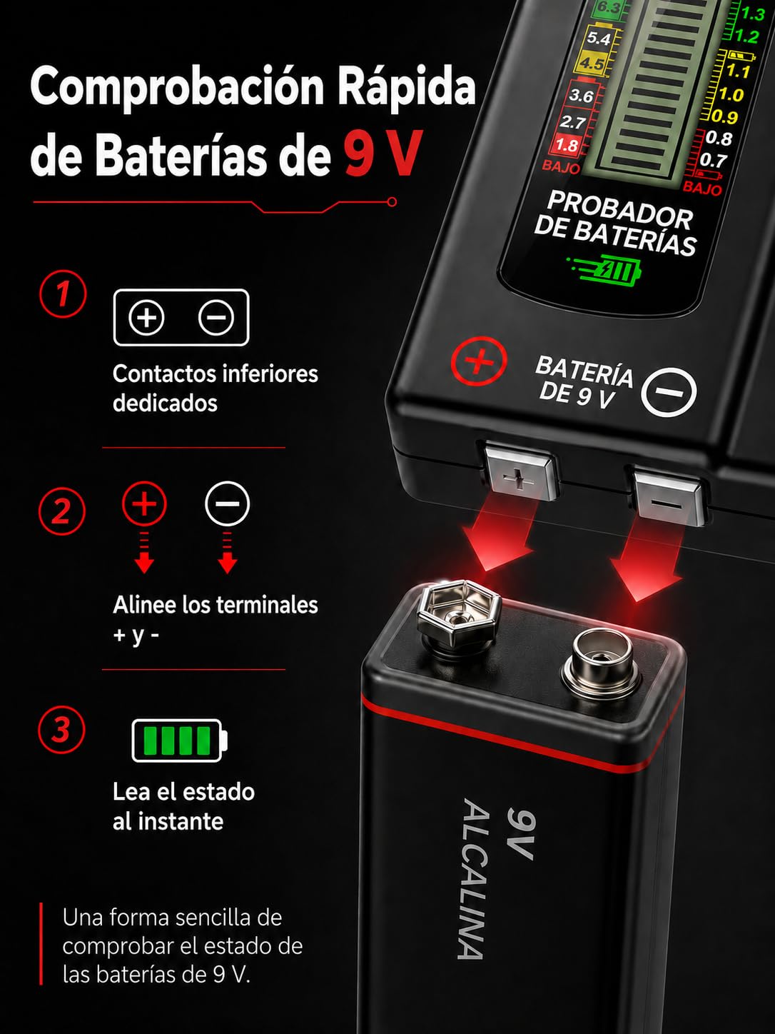 Comprobador De Pilas Digital Sin Batería | Pantalla LCD, 18 Niveles, Universal Para AA AAA C D 9V Y Pilas Botón