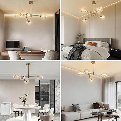 Miniatura 5 de Lámpara de techo moderna semiempotrada, lámpara de araña dorada de 4 luces de mediados de siglo con globo de cristal, iluminación de techo clásica