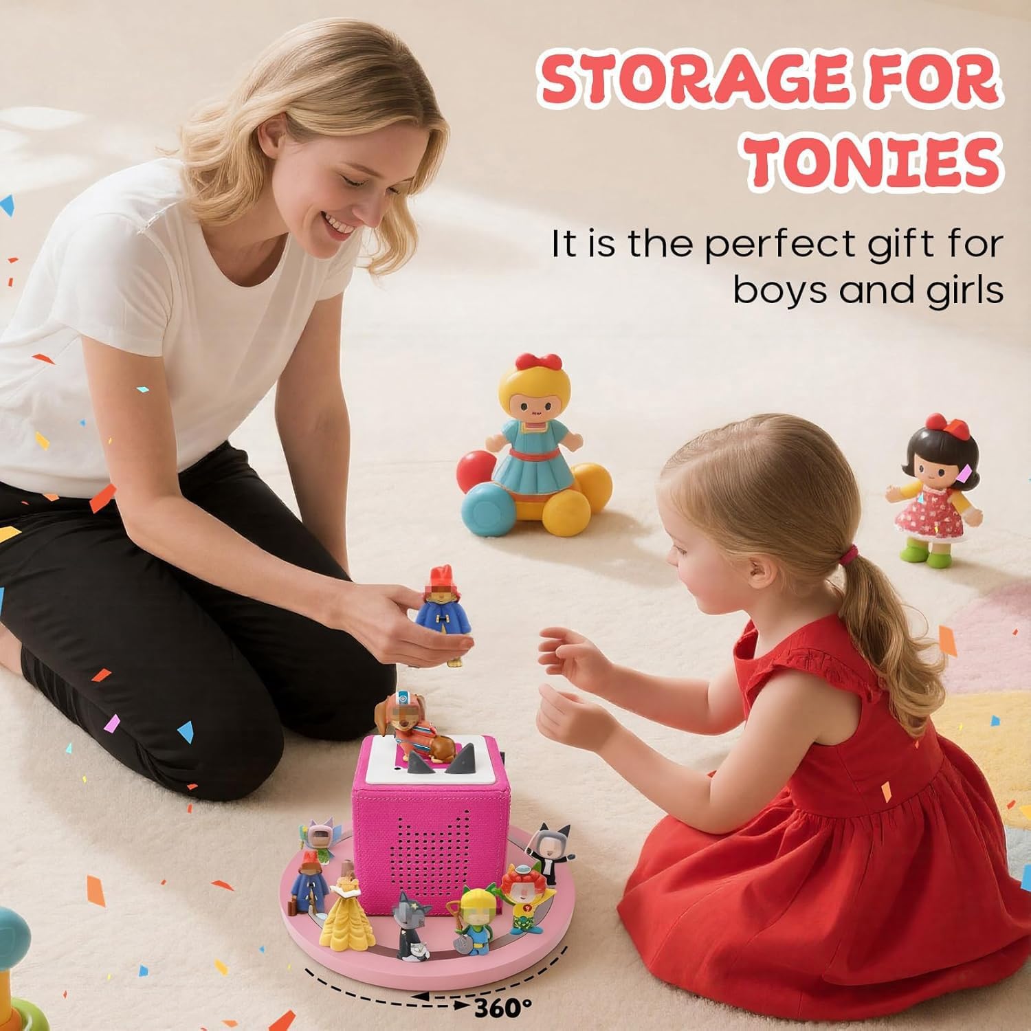 Gieanoo 360° Round Turntable for Tonies Shelf,for TonieBox 1 and ToniesBox 2 Tonie Magnetic Storage Shelf Pine Wood Tonies Box Display Shelf for 10-20 Characters for Kids Room(Pink)