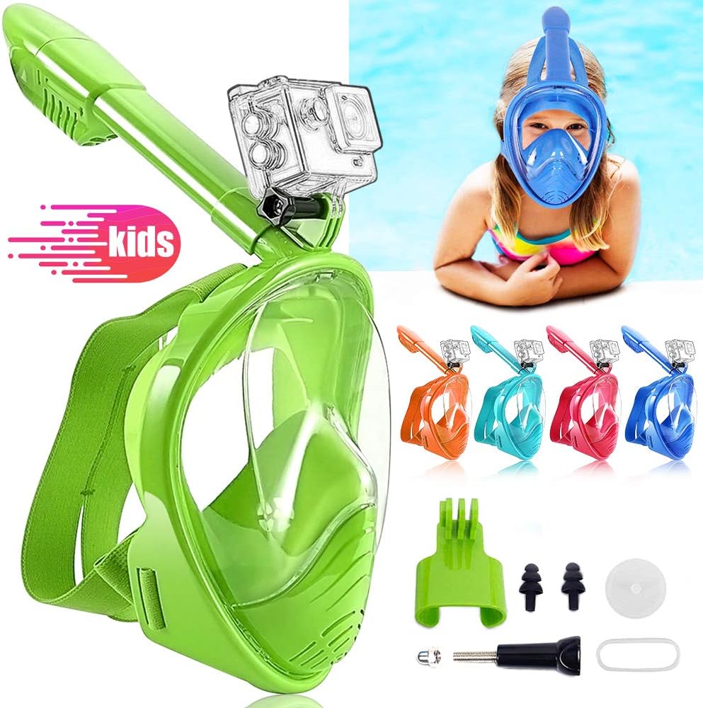 Snorkel Mask Full Face for Kids, Children Diving Mask Swimming Snorkel Equipment, Silicone Seal Anti-fog Anti-leak with 180° View, Detachable Mount, Adjustable Head Straps