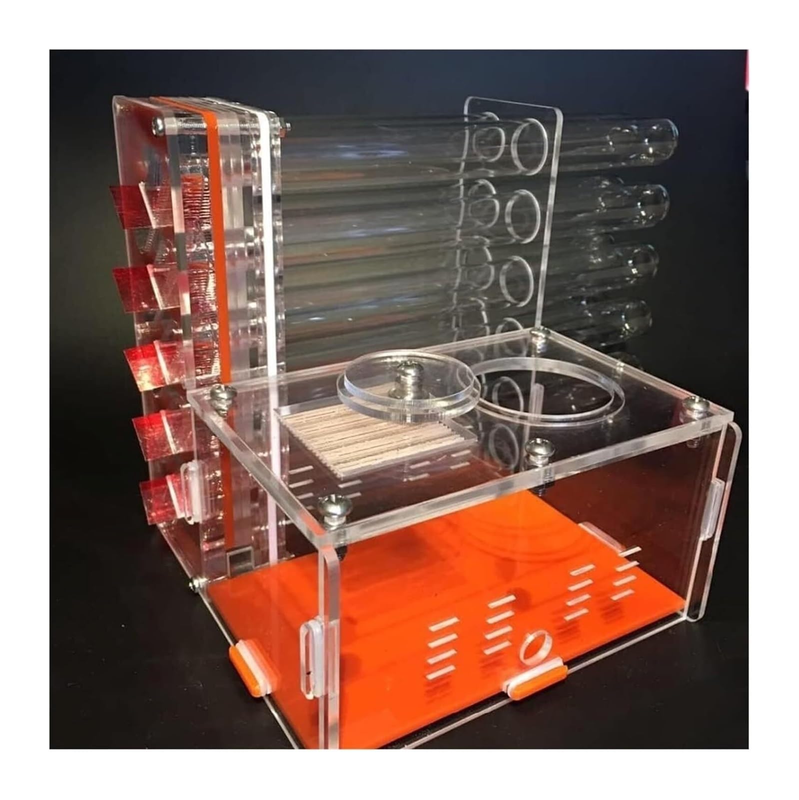 Formicario para Hormigas, Hormiguero con Zona De Alimentación Y 12 Tubos Ensayo, Vidrio Acrílico, Naranja, 15 cm