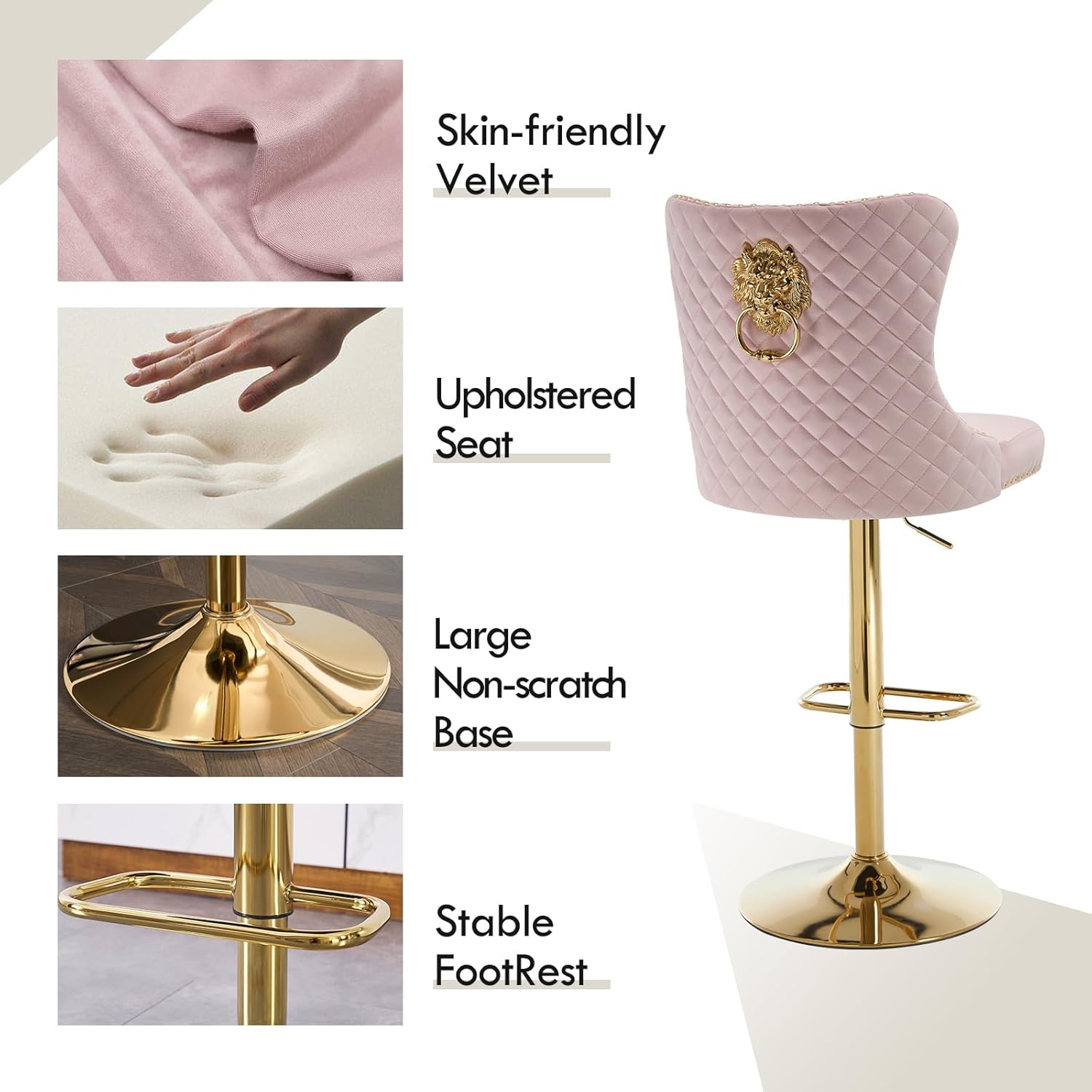 Modern Barstools Set of 6 Adjustable Velvet Bar Stools Counter Height Stools with Back, Upholstered Swivel Bar Chair with Golden Base and Footrest for Kitchen Island/Dining Room, Pink