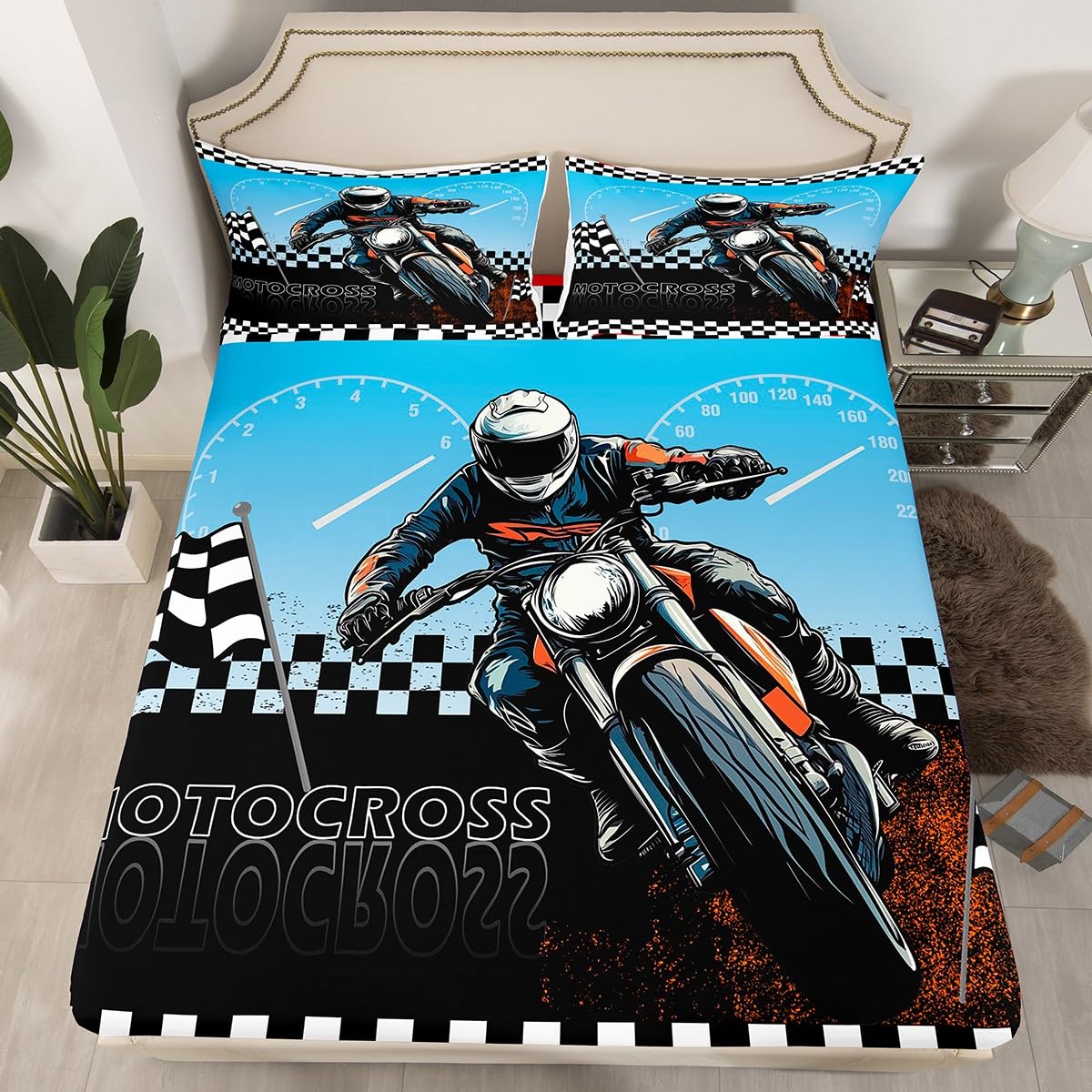 Motocross Fitted Sheet Queen Size Motorcycle Extreme Sports Bedding Set for Kids Boys Teens Cool Dirt Bike Bed Sheet Set Geometric Checkered Flag Bed Cover Room Decor,No Top Sheet