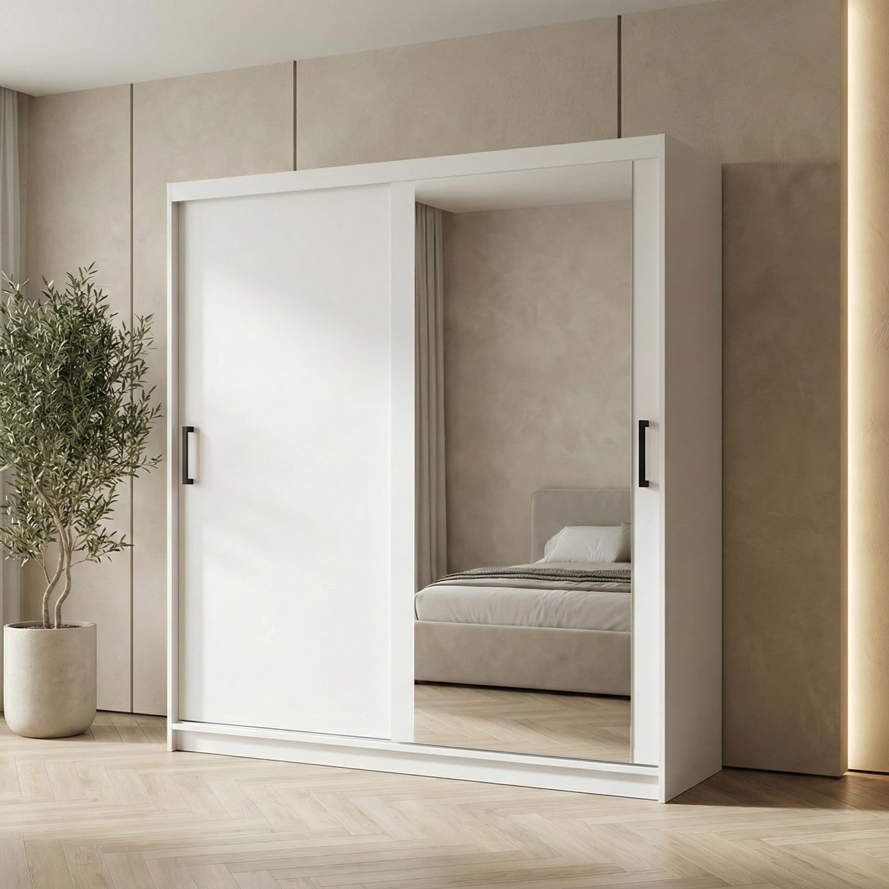Kleiderschrank HELA moderner Schiebetürenschrank mit Spiegel, Kleiderstange und Regalböden, für Schlafzimmer, Flur & Ankleidezimmer (Weiß, 120, Zentimeter)