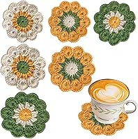 Handmade Crochet Flower Coasters Set of 6 - Knitted Cup Mats in Green, Yellow, Off-White for Table Protection & Home Decor