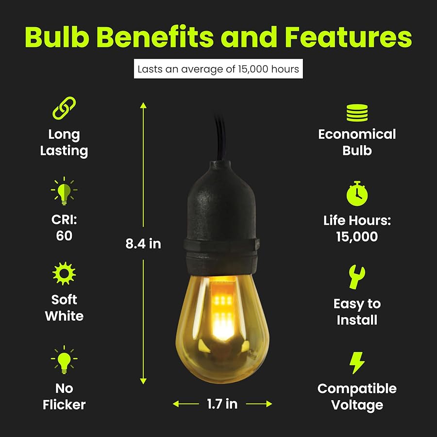 Feit Electric LED String Lights with Flame Bulbs Effect, 12ft Commercial Grade and Shatter Resistant String Lights, 6 Sockets, Linkable, 15,000-Hour Lifetime, SL12-6/FLAME, 7 Bulbs Included - image 8