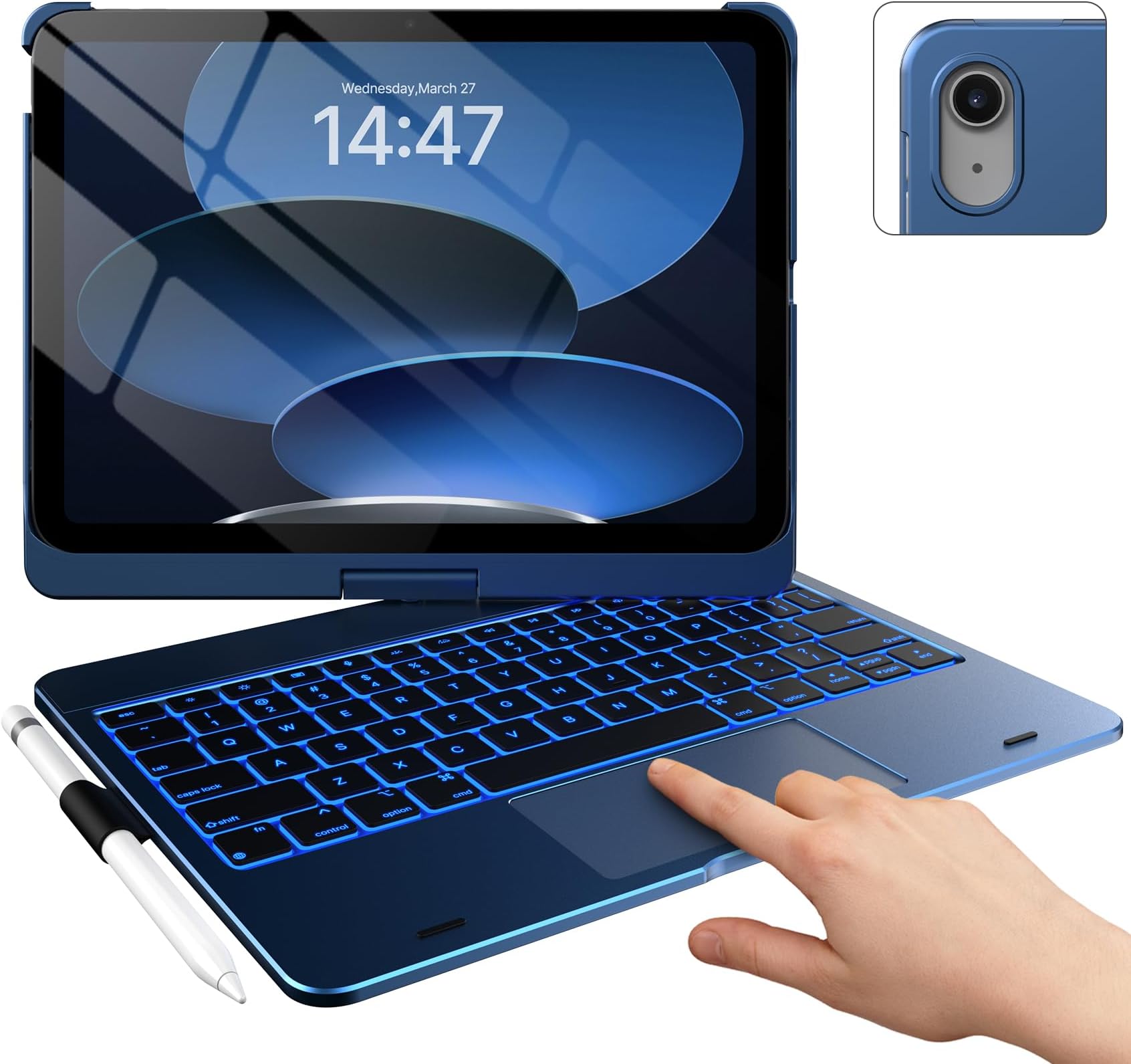 typecase Touch Keyboard Case for iPad A16 (11th Gen, 2025) & 10th Gen(10.9", 2022) - Multi-Touch Trackpad, 360° Rotatable, 11 Color Backlight, Thin & Light, Midnight blue