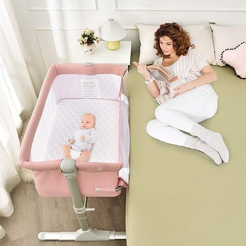 Miniatura 10 de BABY JOY Cuna junto a la cama para bebé, cuna portátil de viaje con moisés lateral con bolsa de transporte, moisés para recién nacidos a bebés, cuna