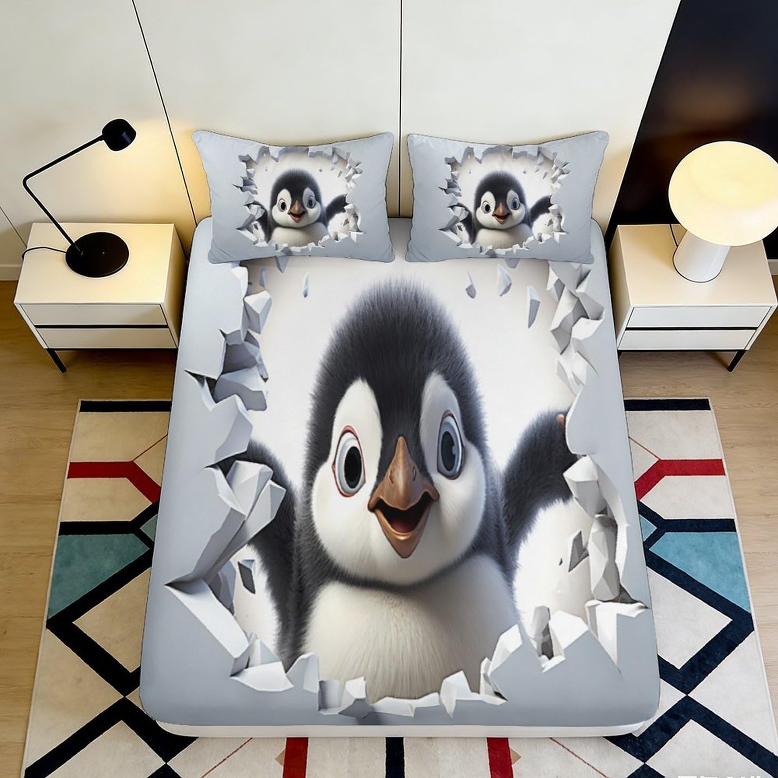 3D Printed Cartoon Penguin Fitted Sheet Microfiber Soft Grey Animal Bed Cover for Bedroom Guest Room Decor 90x200x25cm
