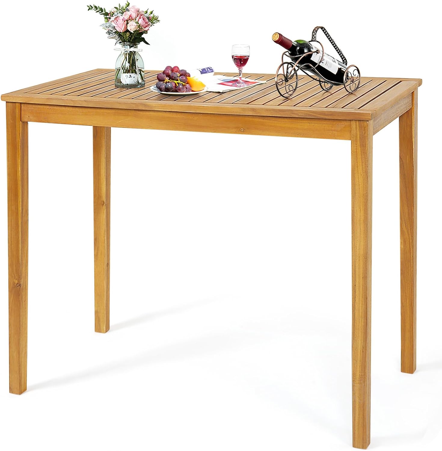 HAPPYGRILL Outdoor Acacia Wood Bar Table, 45” Rectangular Bar Height Dining Table with Slatted Tabletop, Farmhouse Rustic Wood Bar Table for Patio Porch Garden Deck