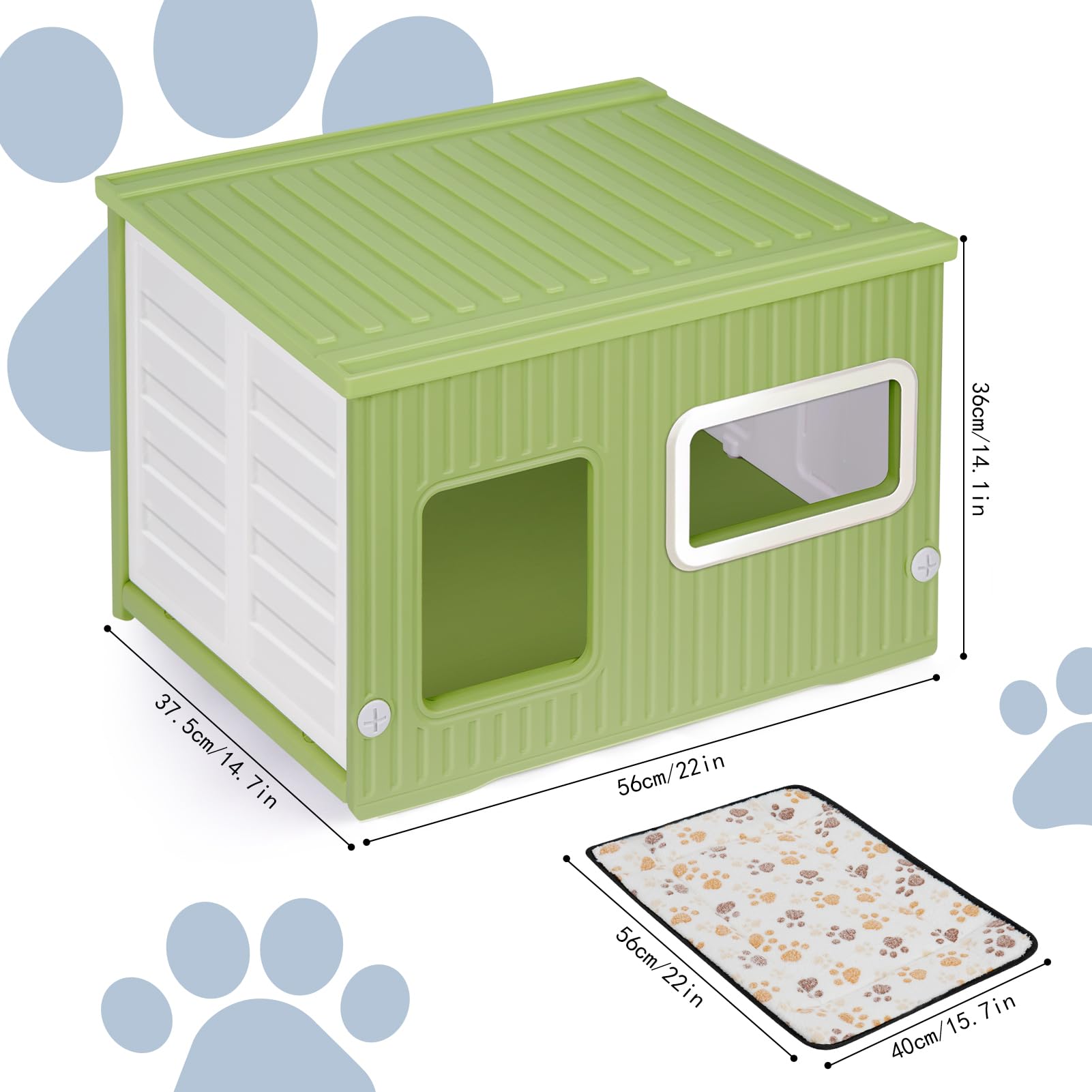Kunststoff-Katzenhaus für Drinnen und Draußen mit Doppelseitigem Kissen Wetterfestes Katzenhaus für alle Jahreszeiten Geeignet(Grün und Weiß, 56 * 38 * 36)