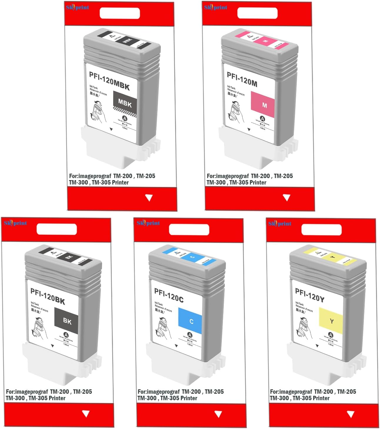 SkyPrint Ink Tank PFI-120 PFI120 Ink Cartridge Compatible Canon PFI120MBK PFI-120BK PFI-120C PFI-120M PFI-120Y use for imageprograf TM-200 TM-205 TM-300 TM-305 Printer (5 Colour PFI-120 Ink 130-ml)