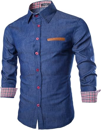 Elonglin Mens Chic Shirt Denim Cotton Long Sleeves Dress Shirt Botton Down Shirt Slim Shirt