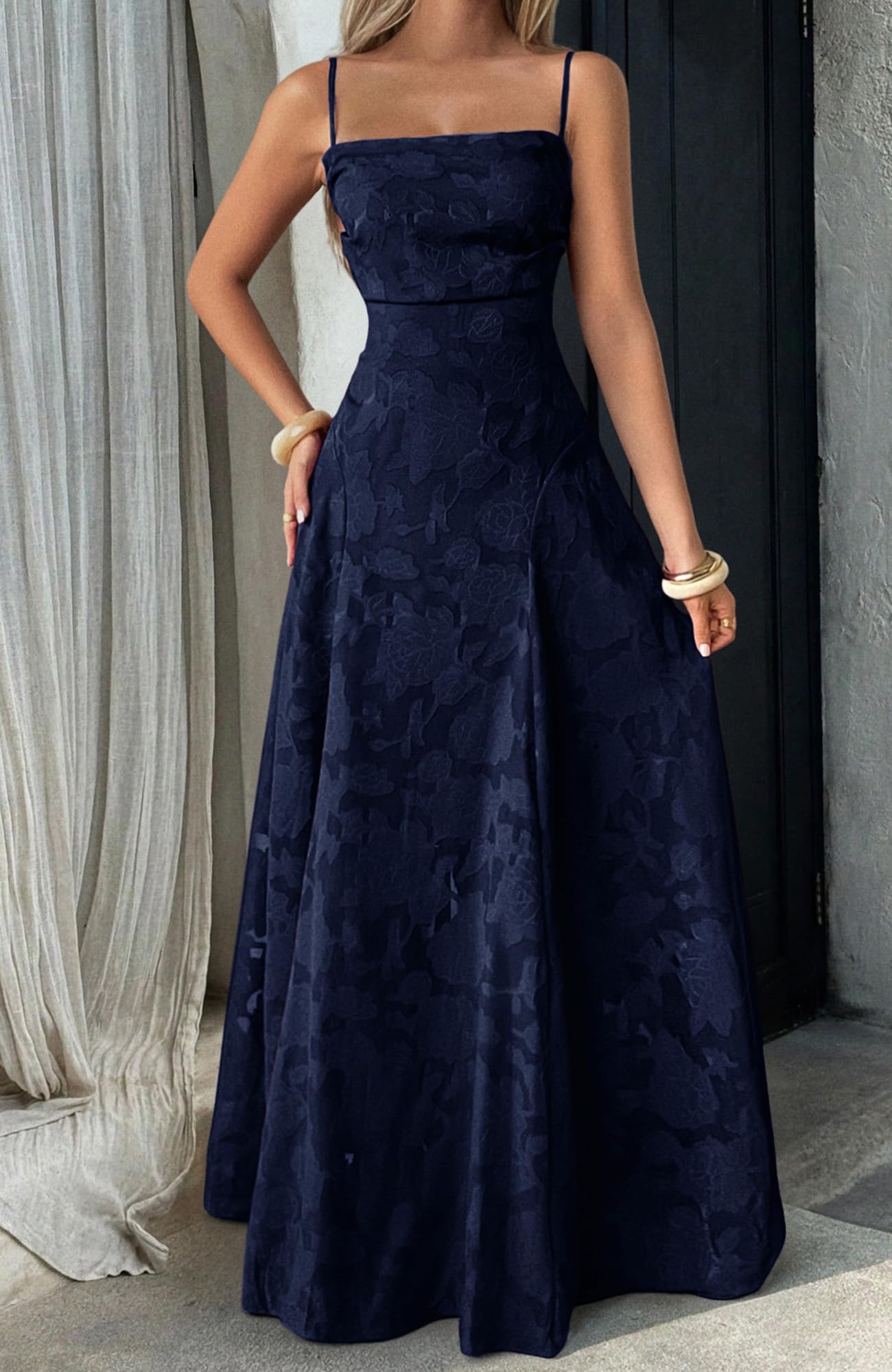 Robe longue pour femme - Bretelles spaghetti - Maille jacquard - Dos nu - Élégante robe de cocktail - Robe de soirée florale