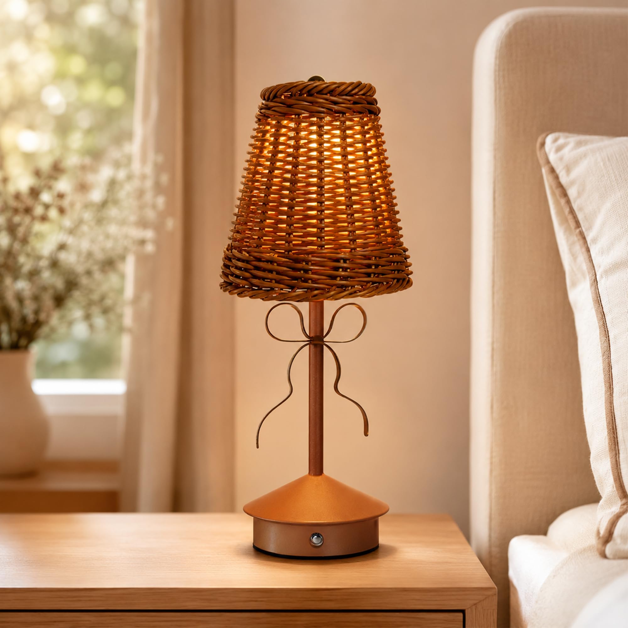 WLHBF Rattan Table Lamp,Small Wicker Lamp,Vintage Bow Lamp