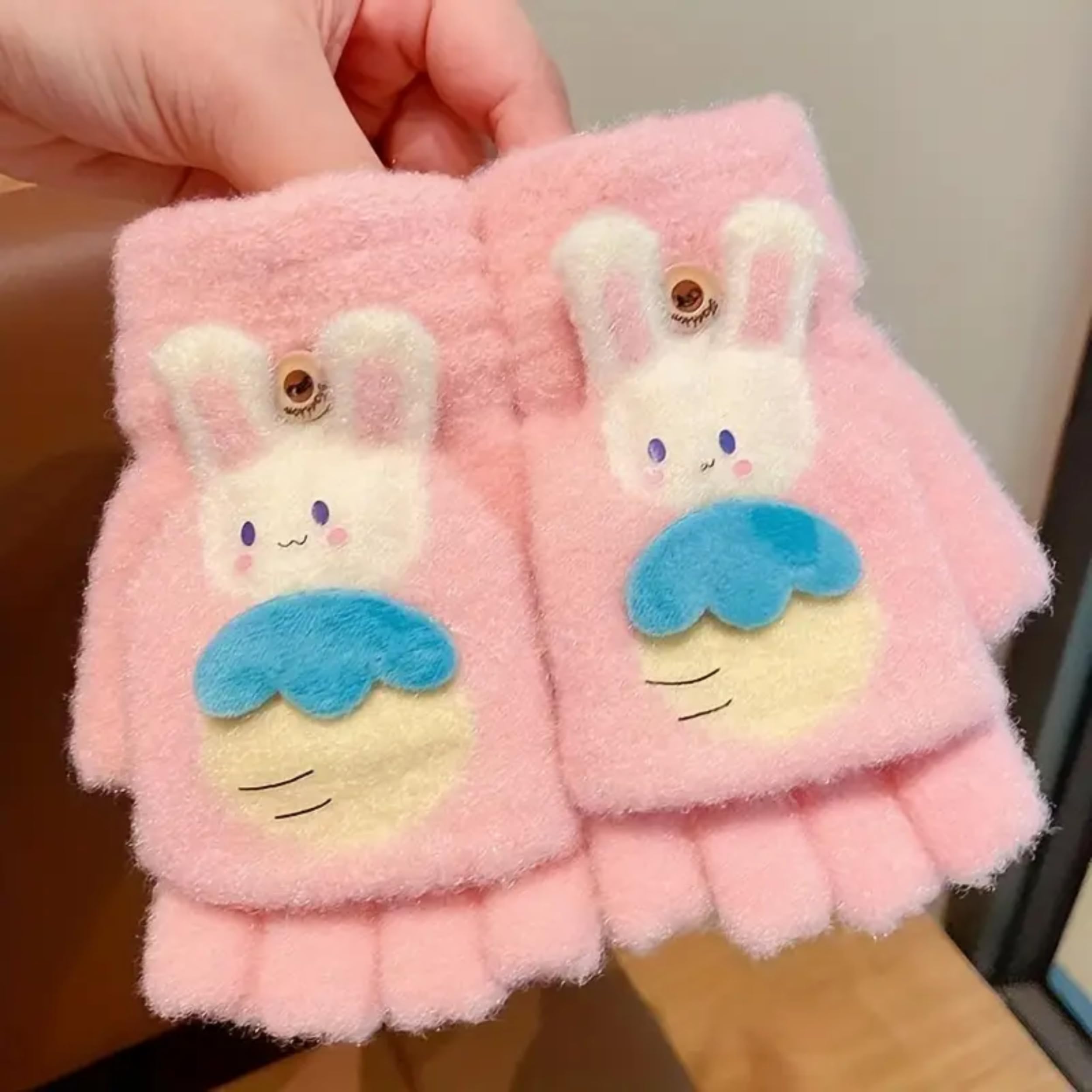 Khwaish Store Girl's Winter Soft Plush Cute Bunny Design Carrot Half Finger Gloves Mittens Soft Warm Over Flip Five-Finger for Toddlers Kids (2, Multicolor, 3-4 Years) - Image 7 thumbnail