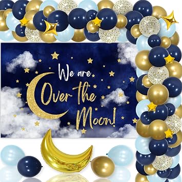Over The Moon Baby Shower Decorations, Navy Blue Gold We Are Over The Moon Backdrop Balloon Garland Arch Kit, Starry Night Galaxy Theme Gender Reveal 1st Birthday Party Supplies