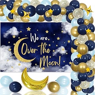Over The Moon Baby Shower Decorations Navy Blue Gold Balloon Garland Arch Kit - We Are Over The Moon Backdrop Balloons for Outer Space Pregnancy Celebration 1st Bday Party Supplies