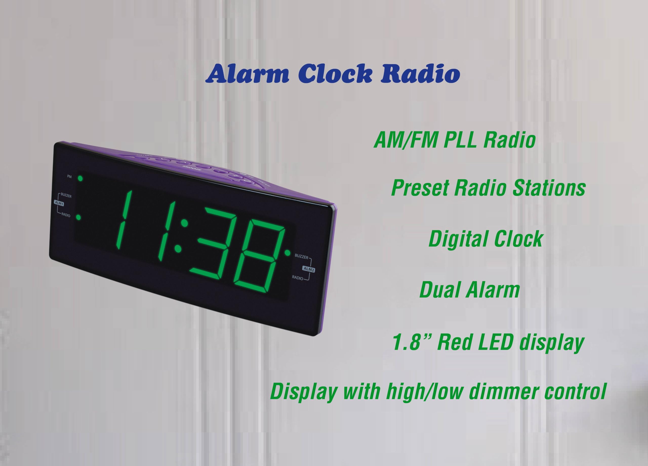 HANNLOMAX HX-112CR Alarm Clock Radio, PLL AM/FM Radio, Green LED 1.8 inches Jumbo Display, Dual Alarm, Dimmer, AC Operation only. (Purple)