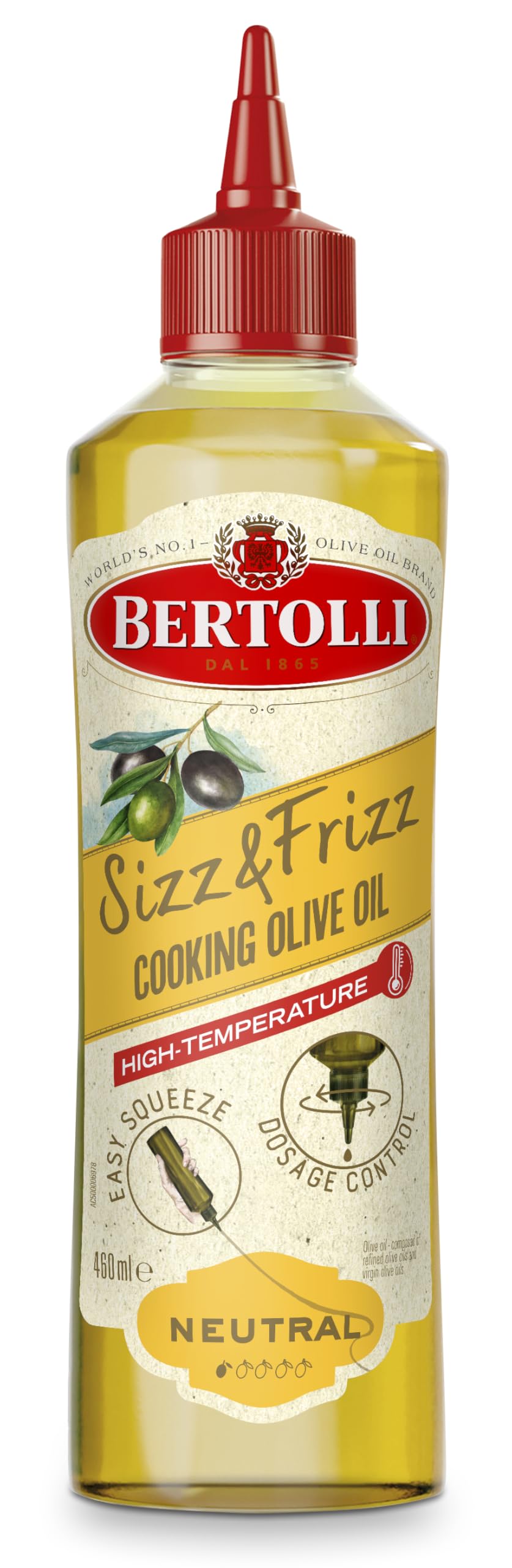 Bertolli Sizz & Frizz Precision Bottle – Controlled Olive Oil Pourer for Cooking, Drizzling, Frying & Salad Dressing, Mess-Free Kitchen Dispenser, Single Unit, 1 x 460ml Olive Oil