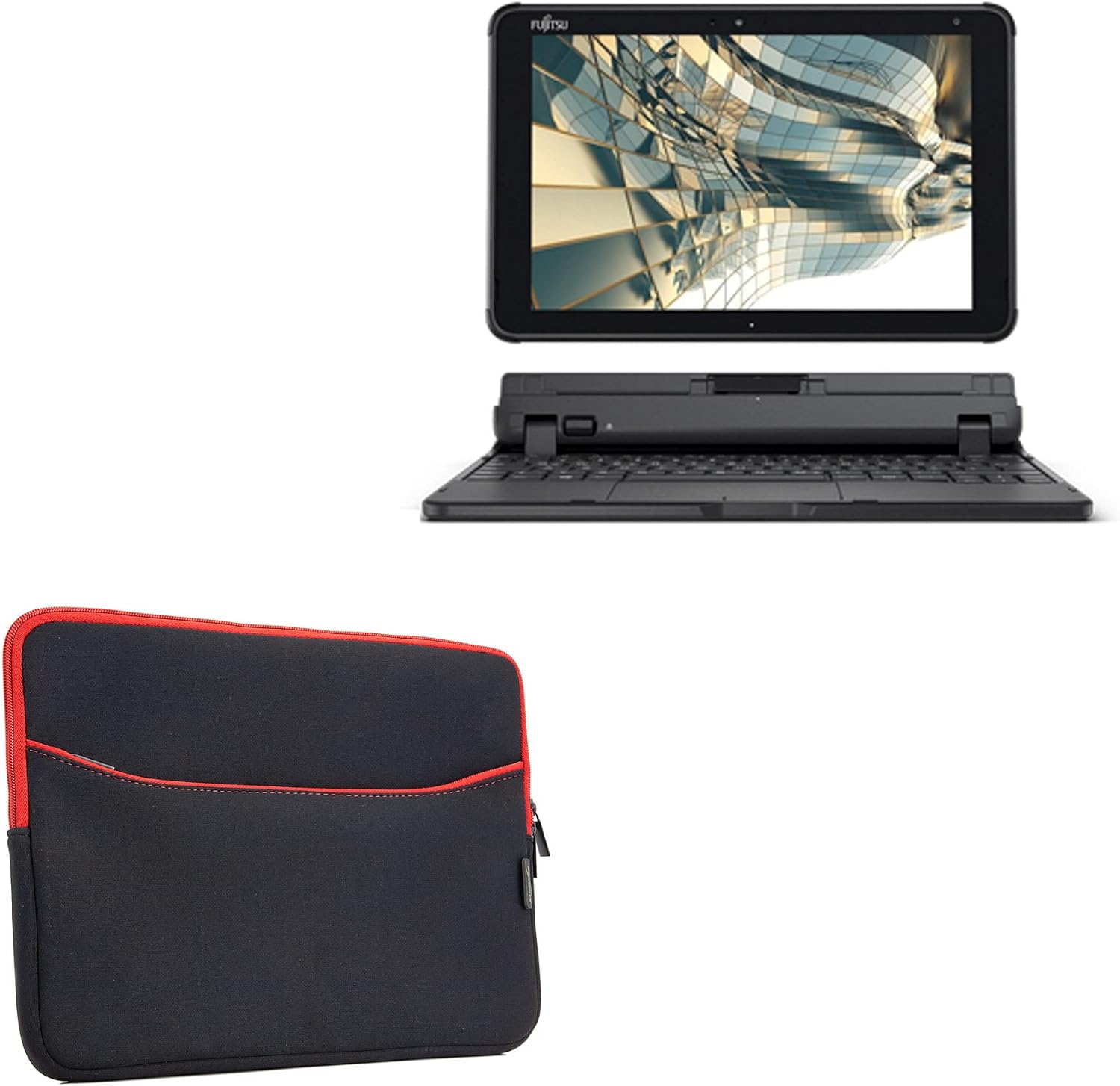 BoxWave Case Compatible with Fujitsu Stylistic Q5010 - SoftSuit with Pocket, Soft Pouch Neoprene Cover Sleeve Zipper Pocket - Jet Black with Red Trim