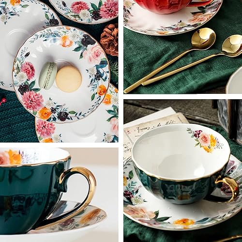Miniatura 2 de Taza y Platillo de Té Verde, Taza de Café de Porcelana con Diseño Floral Forrado de Cerámica Real con Ribete Dorado y Cuchara, Taza de Porcelana