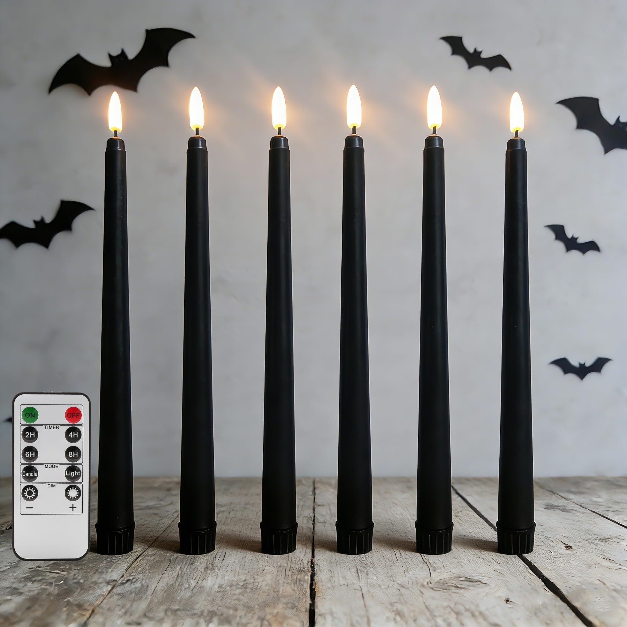 Black Halloween Flameless Taper Candles with Remote Timer Set of 6