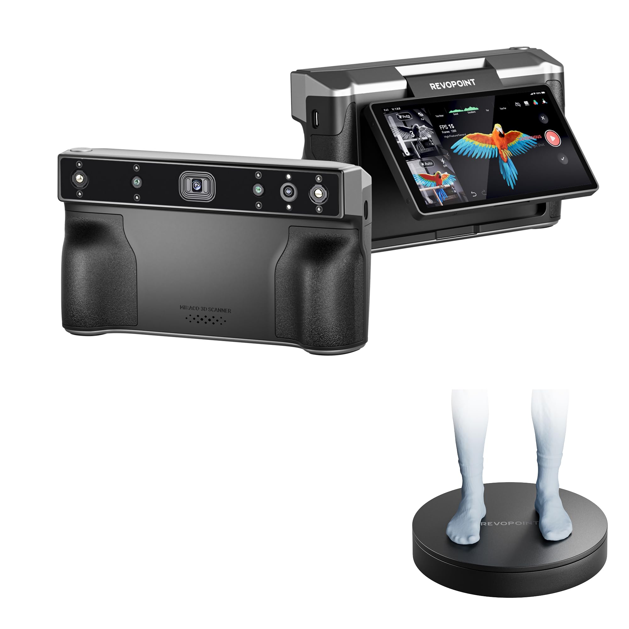Revopoint MIRACO PRO 3D-Scanner für 3D-Drucker & Elektrische Drehscheibe, Handheld 3D Scanner WiFi mit 180°Flip Screen, 5000mAh Schnelllade-Akku, Vollfarb-RGB-Kamera für Kleine bis Große Objekte, 32GB