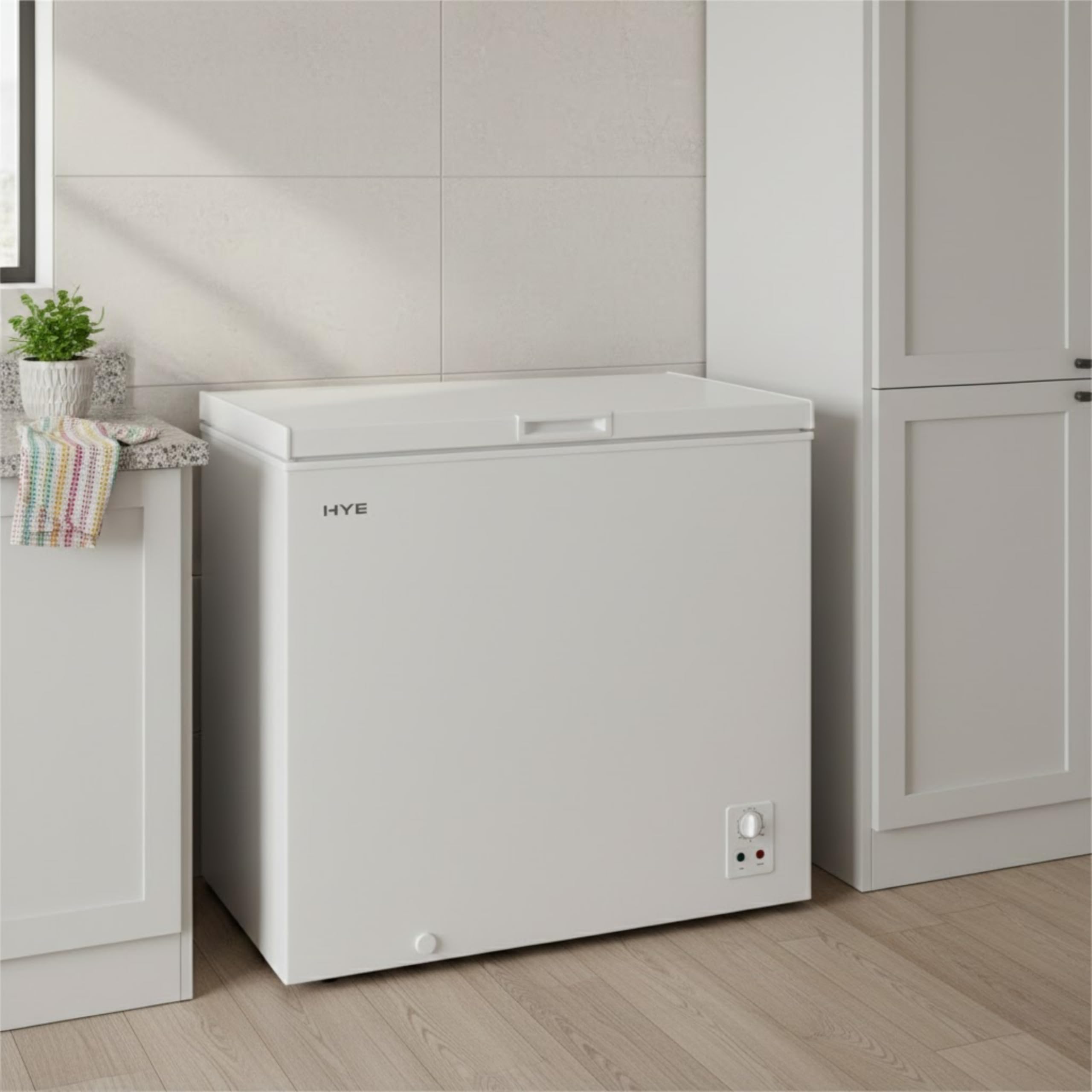HYE Chest Freezer - 205L Freezer, Quiet 42 dB Operation, Mechanical Temperature Control, Freestanding Design, White, Perfect For Kitchens, Garages & Utility Rooms - RF01CF205W24 — view 7